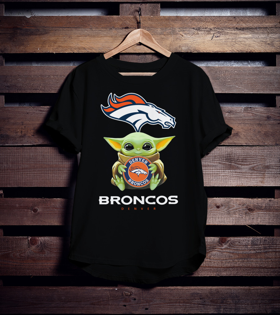 Baby Yoda Holding Denver Broncos Emblem With Broncos T-Shirt