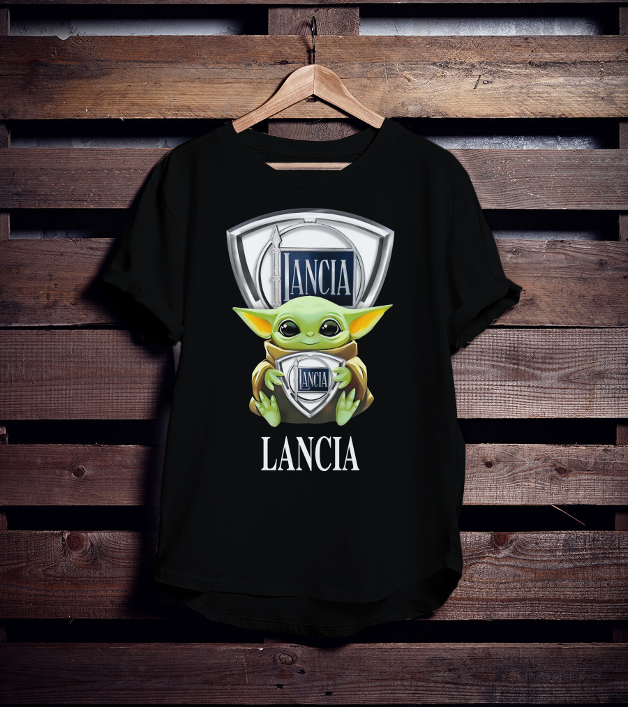 Baby Yoda Holding Lancia Logo With Lancia Text T-Shirt