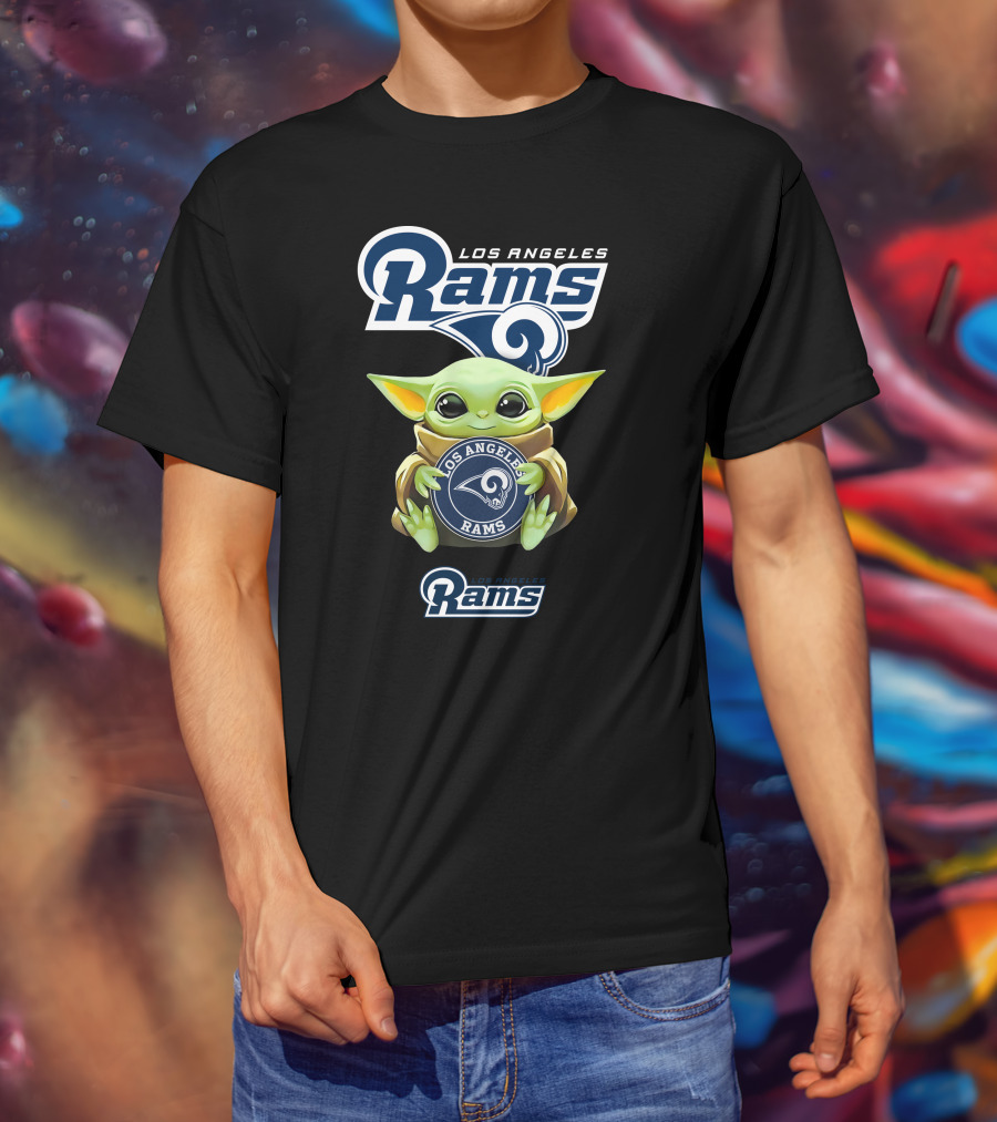 Baby Yoda Holding Los Angeles Rams Emblem With Official Team T-Shirt