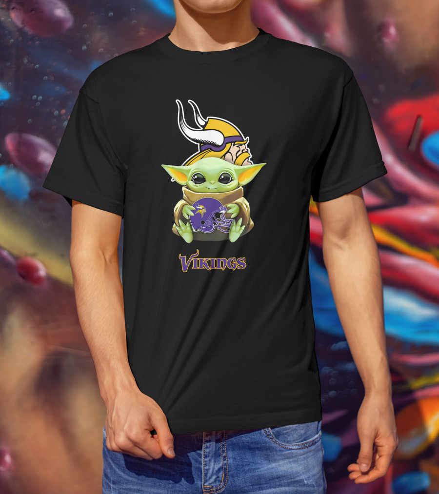 Baby Yoda Holding Minnesota Vikings Helmet With Vikings Mascot And T-Shirt
