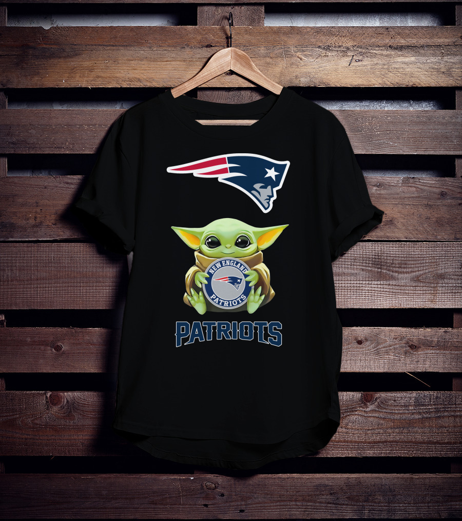 Baby Yoda Holding New England Patriots Symbol With Patriots Logo Above T-Shirt