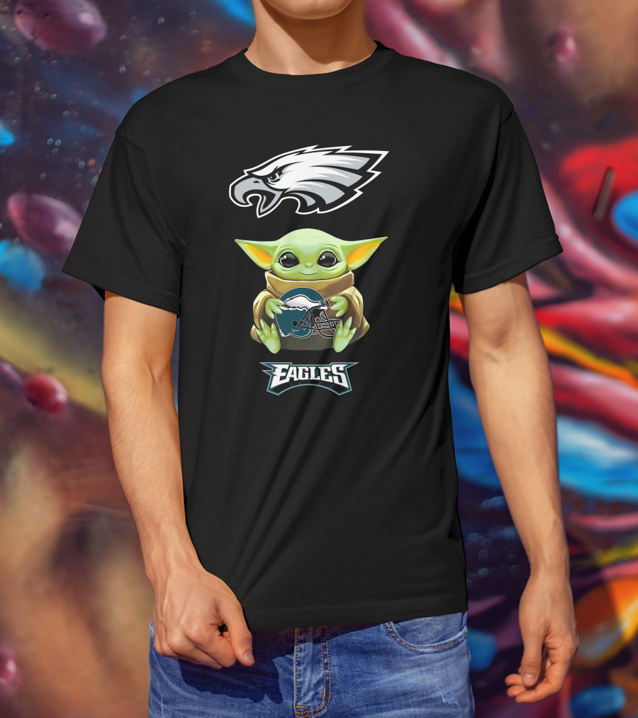 Baby Yoda Holding Philadelphia Eagles Helmet With Eagles T-Shirt