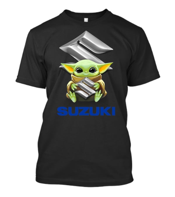 Baby Yoda Holding Silver Suzuki Emblem With Blue Suzuki T-Shirt