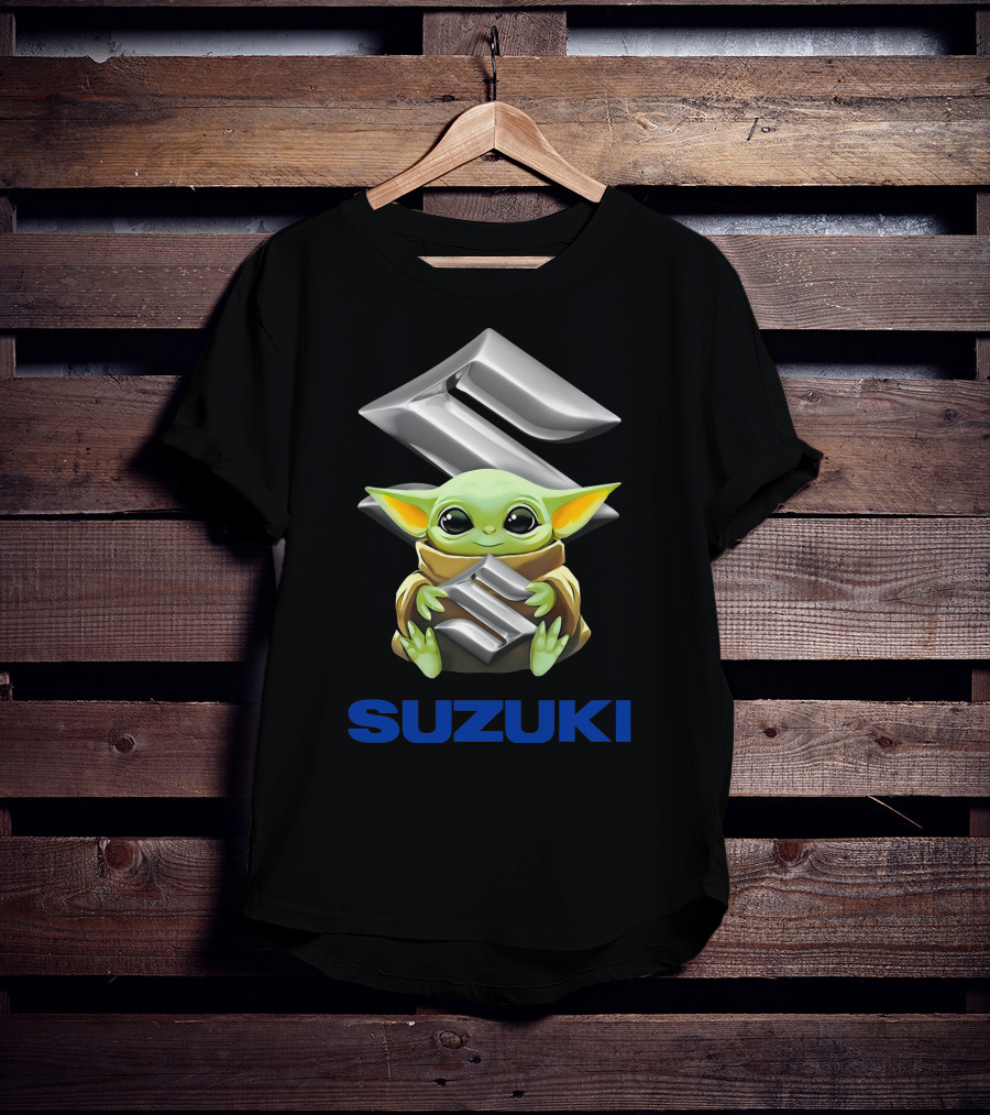 Baby Yoda Holding Silver Suzuki Emblem With Blue Suzuki T-Shirt