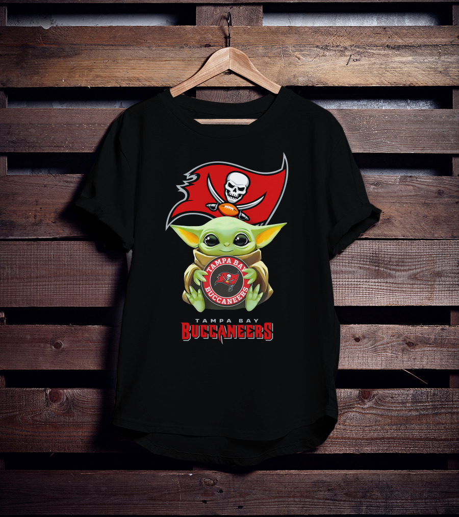 Baby Yoda Tampa Bay Buccaneers Hug With Logo And Helmet Flag T-Shirt