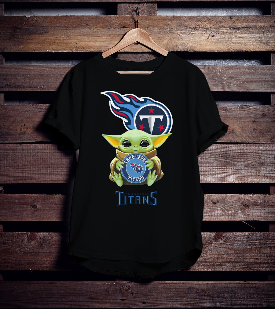 Baby Yoda Holding Tennessee Titans Emblem With Team Logo Background T-Shirt