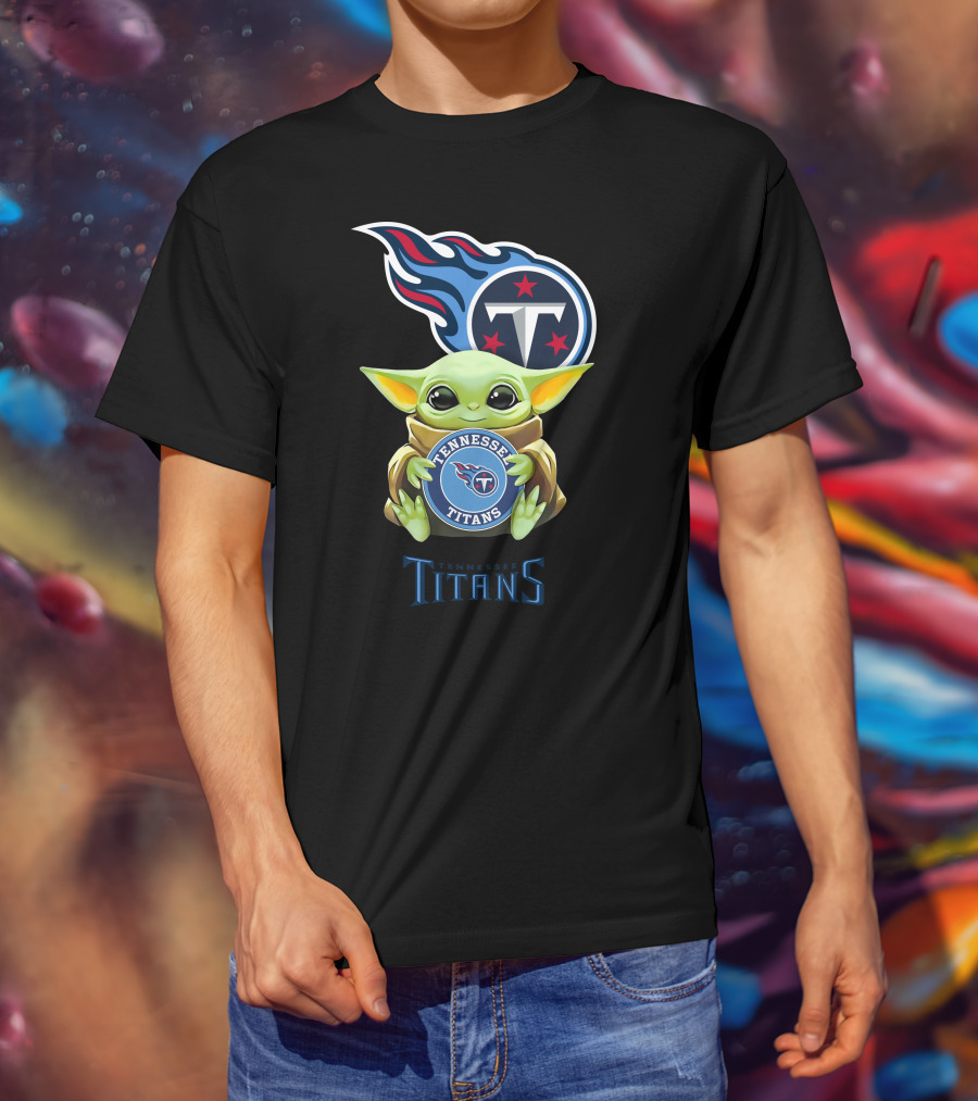 Baby Yoda Holding Tennessee Titans Emblem With Team Logo Background T-Shirt