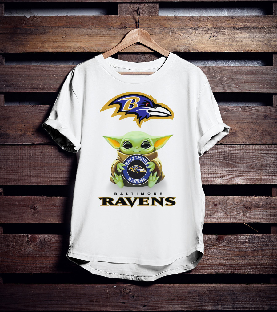 Baby Yoda Holding Baltimore Ravens Logo With Team Emblems T-Shirt