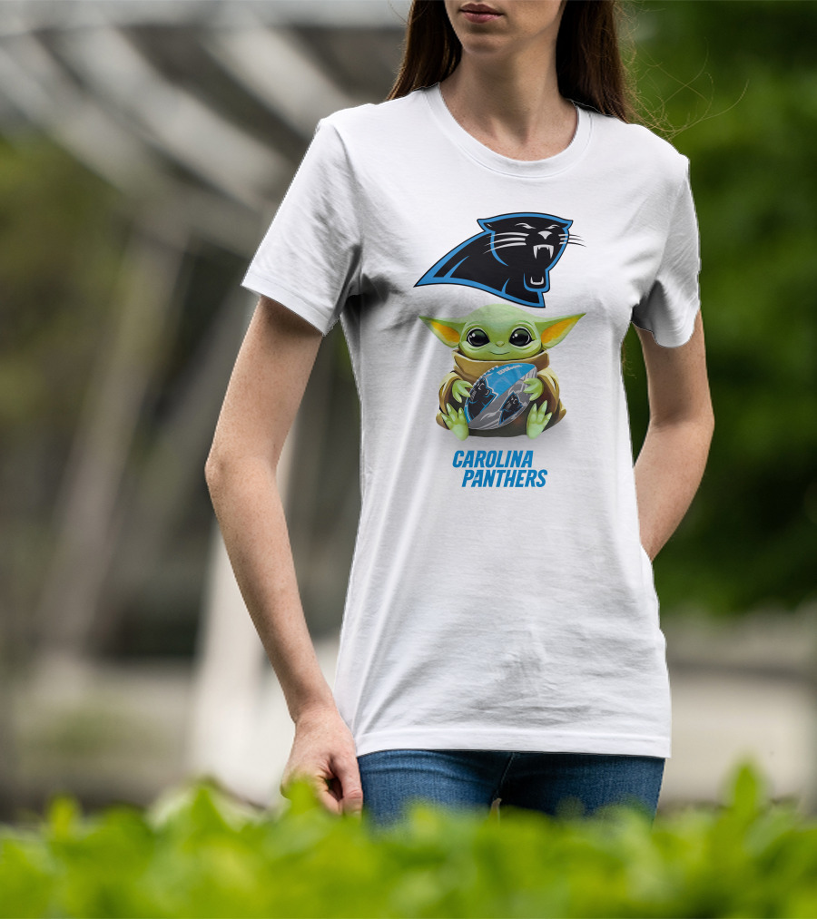 Baby Yoda Holding Carolina Panthers Football T-Shirt