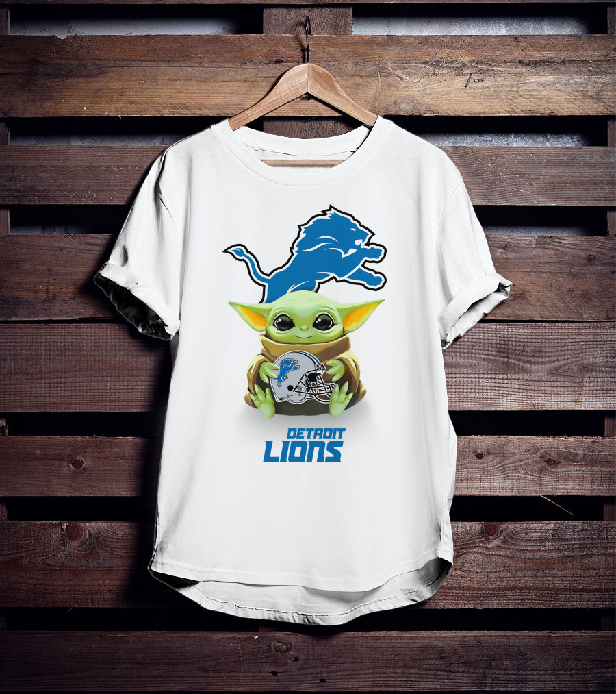 Baby Yoda Holding Detroit Lions Helmet With Team T-Shirt