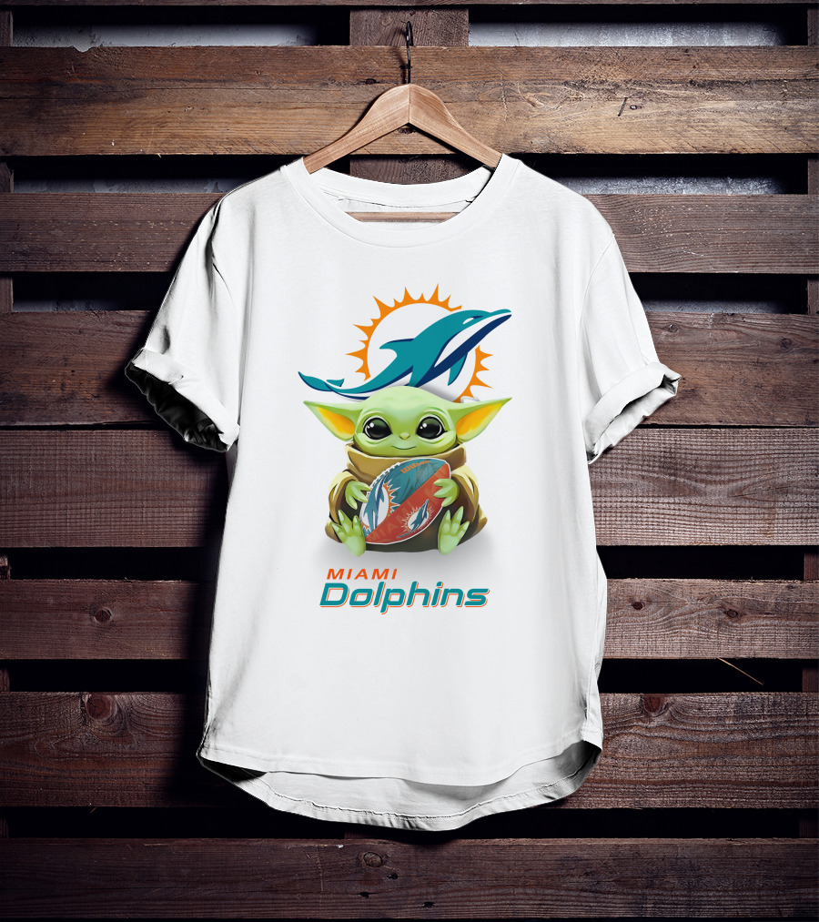 Baby Yoda With Miami Dolphins Logo And Football T-Shirt