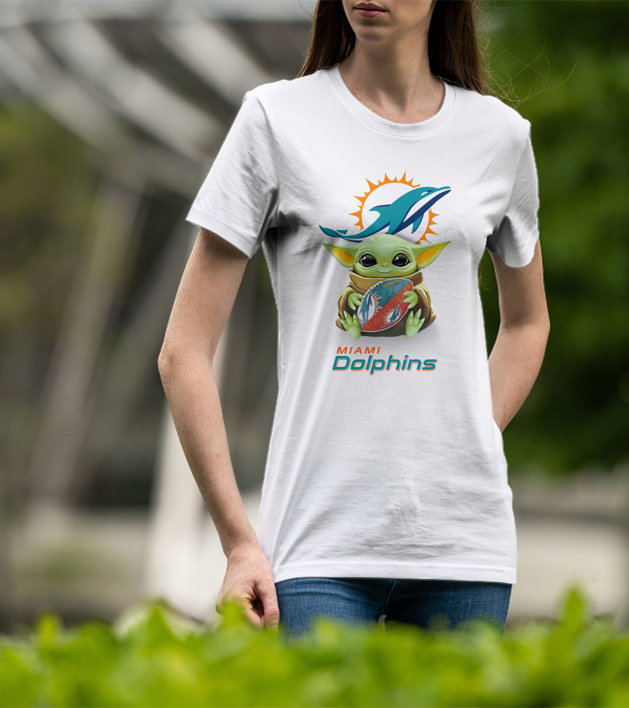 Baby Yoda With Miami Dolphins Logo And Football T-Shirt