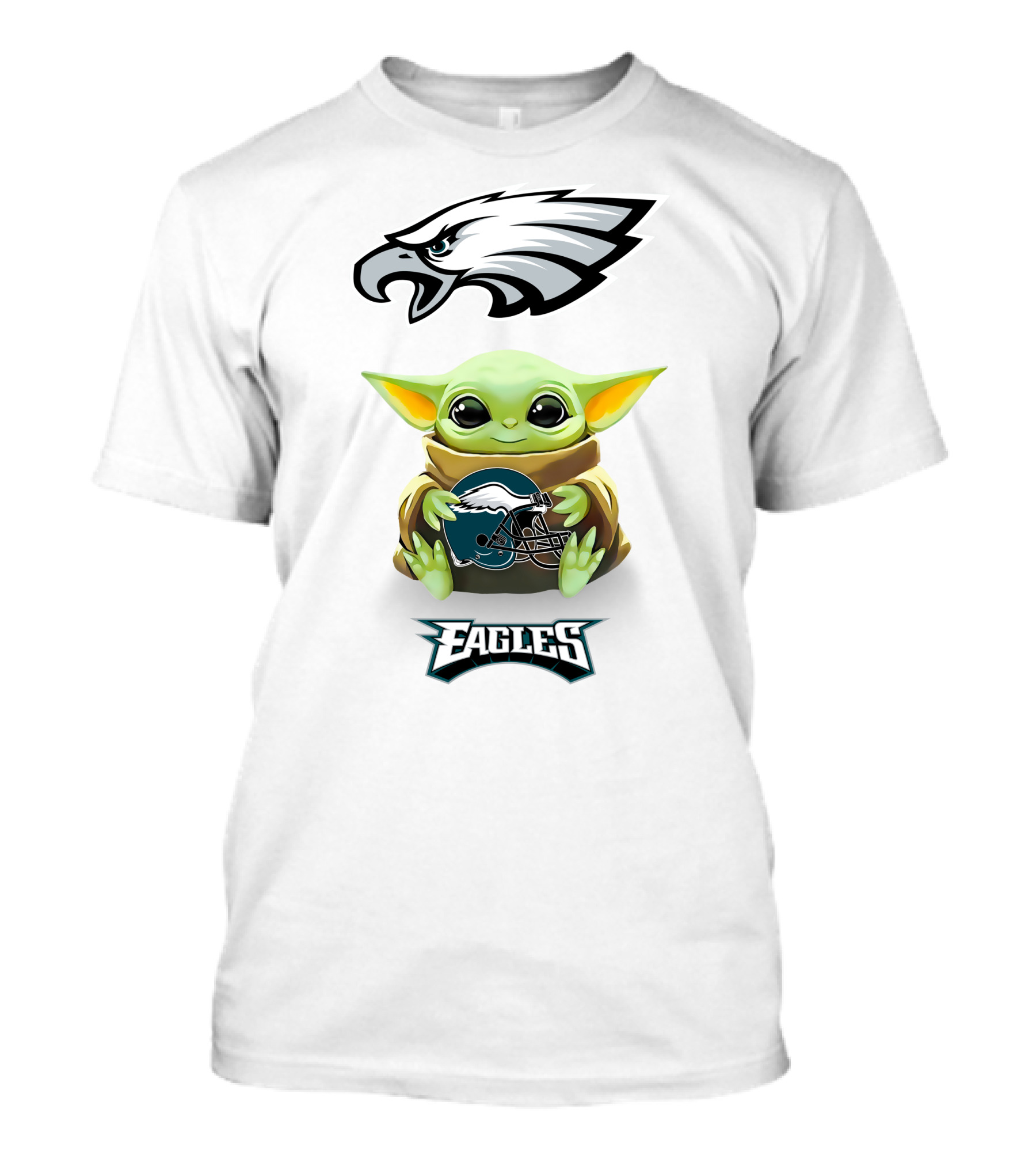 Baby Yoda Philadelphia Eagles Helmet Hug Green White T-Shirt