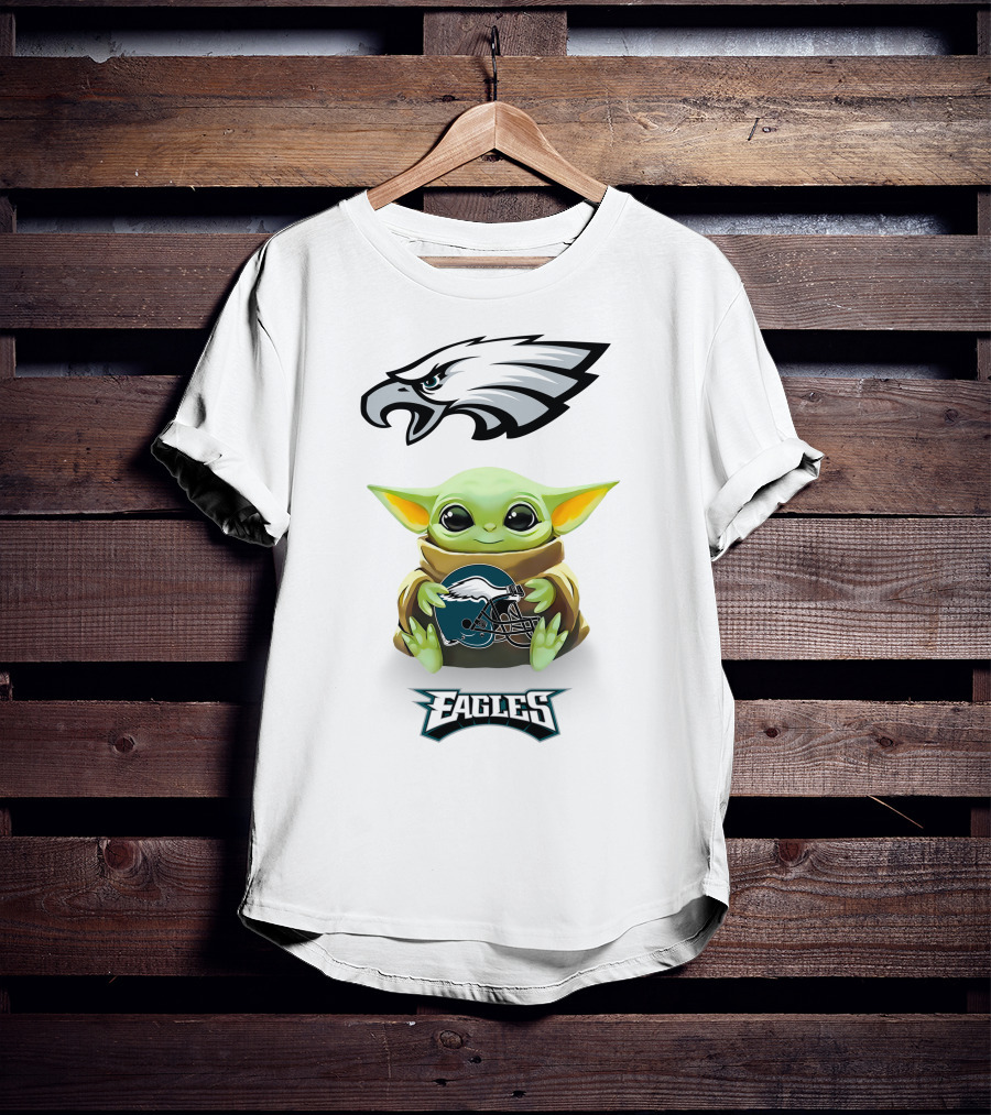 Baby Yoda Philadelphia Eagles Helmet Hug Green White T-Shirt