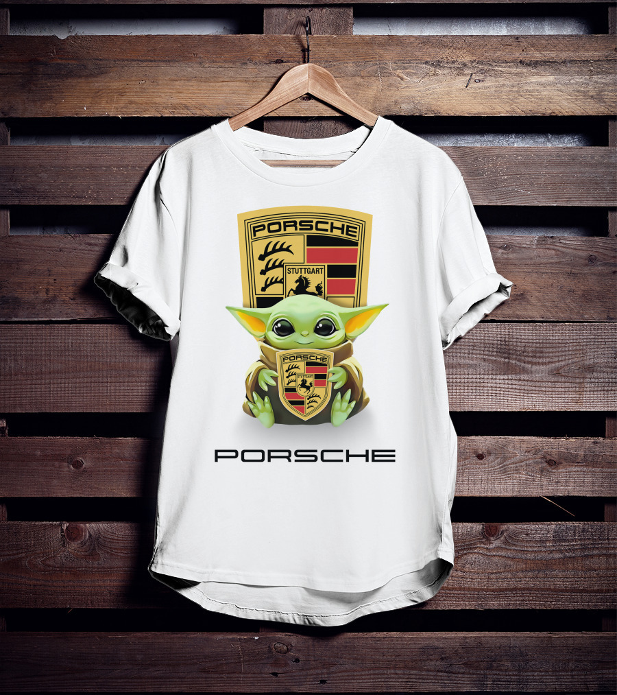 Baby Yoda Holding Stuttgart Porsche Crest T-Shirt