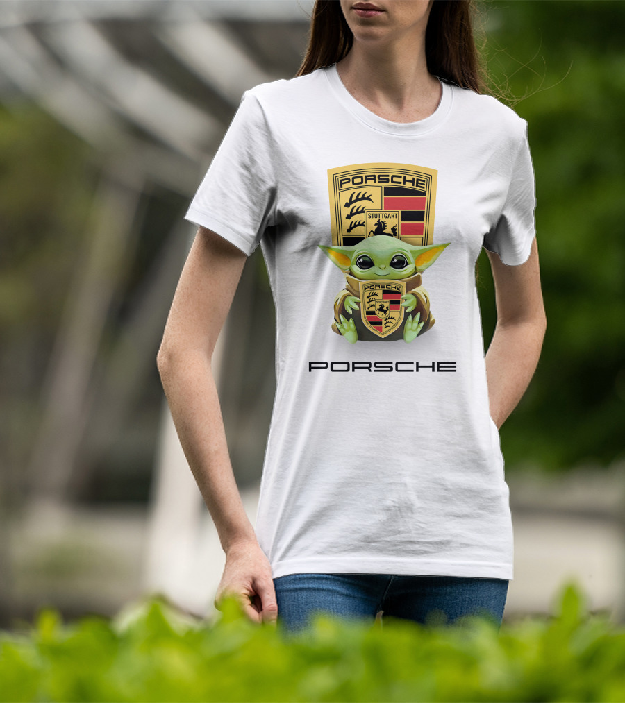 Baby Yoda Holding Stuttgart Porsche Crest T-Shirt