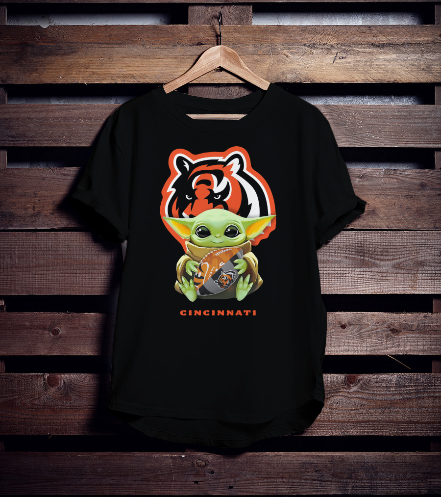 Star Wars Baby Yoda Hugging Cincinnati Bengals Logo Football T-Shirt