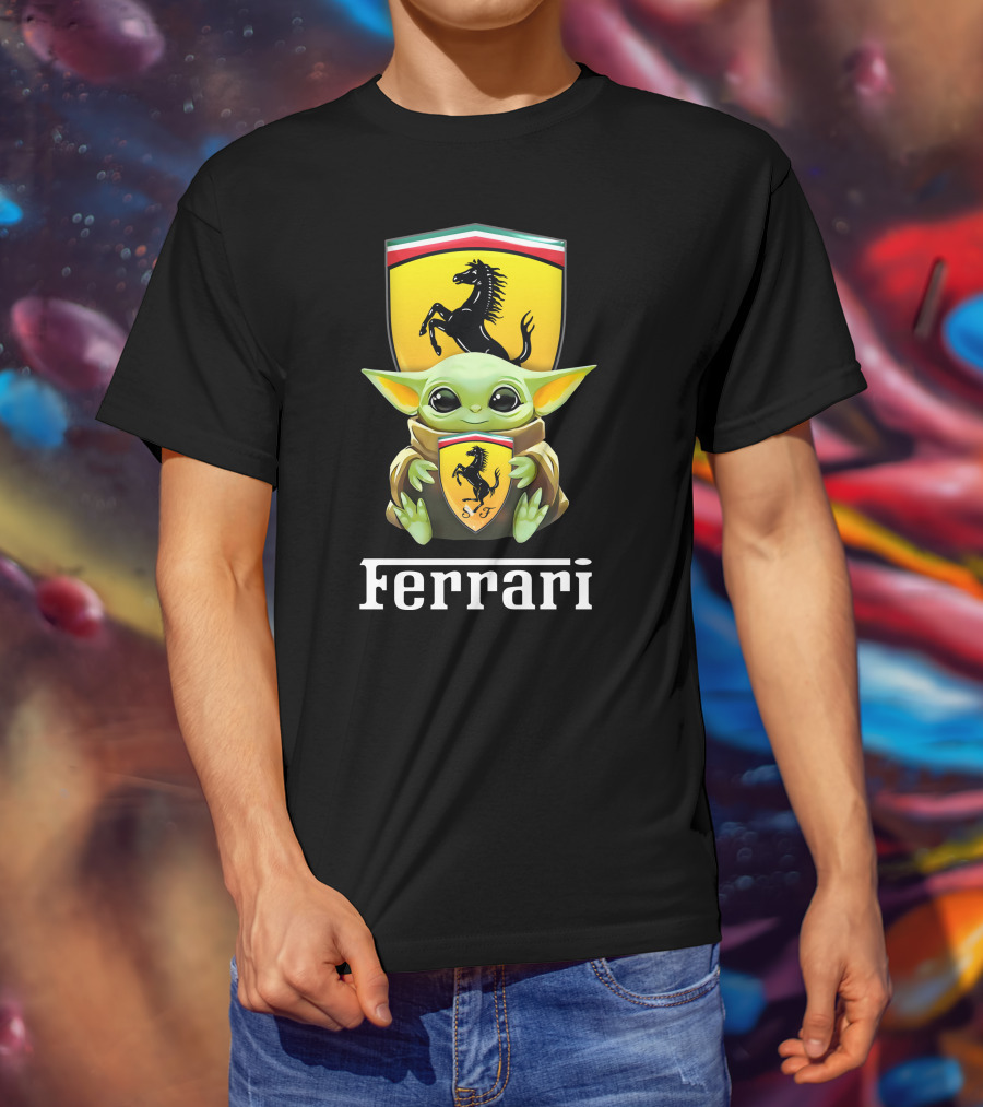 Star Wars Baby Yoda Holding Ferrari Logo Black T-Shirt