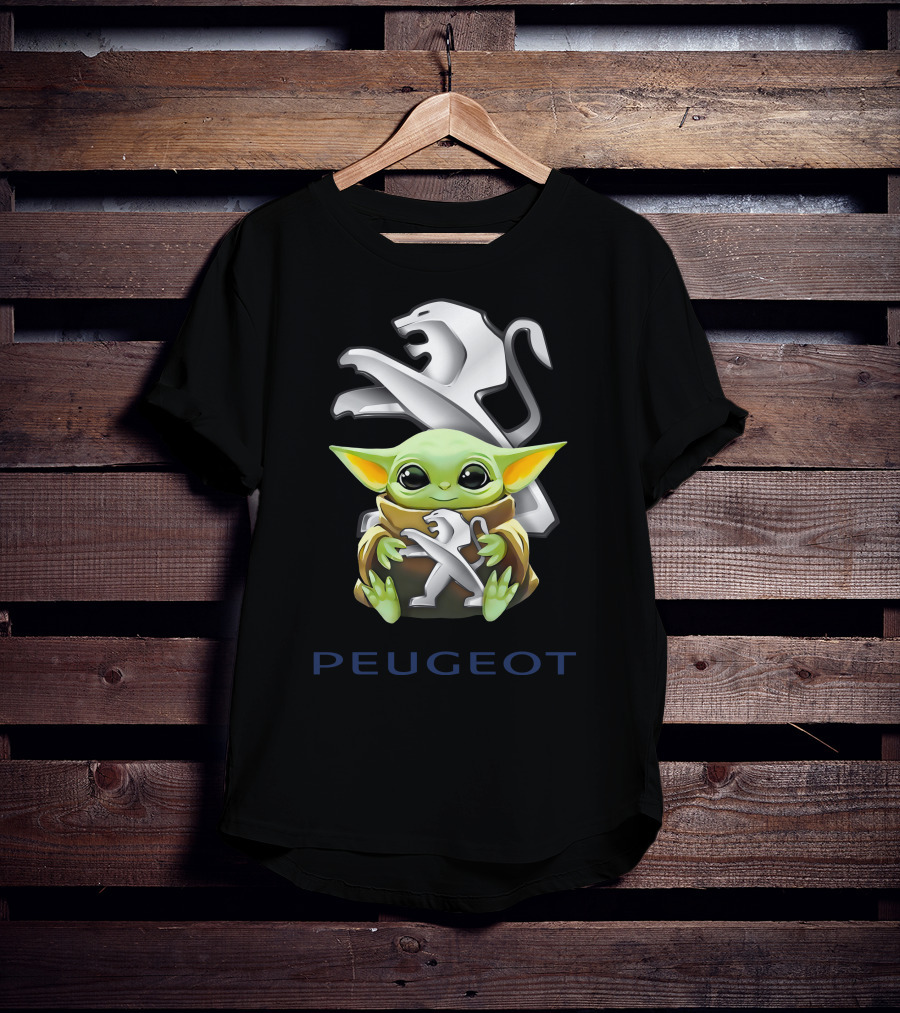 Baby Yoda Hugging Peugeot Lion Logo Star Wars Character T-Shirt