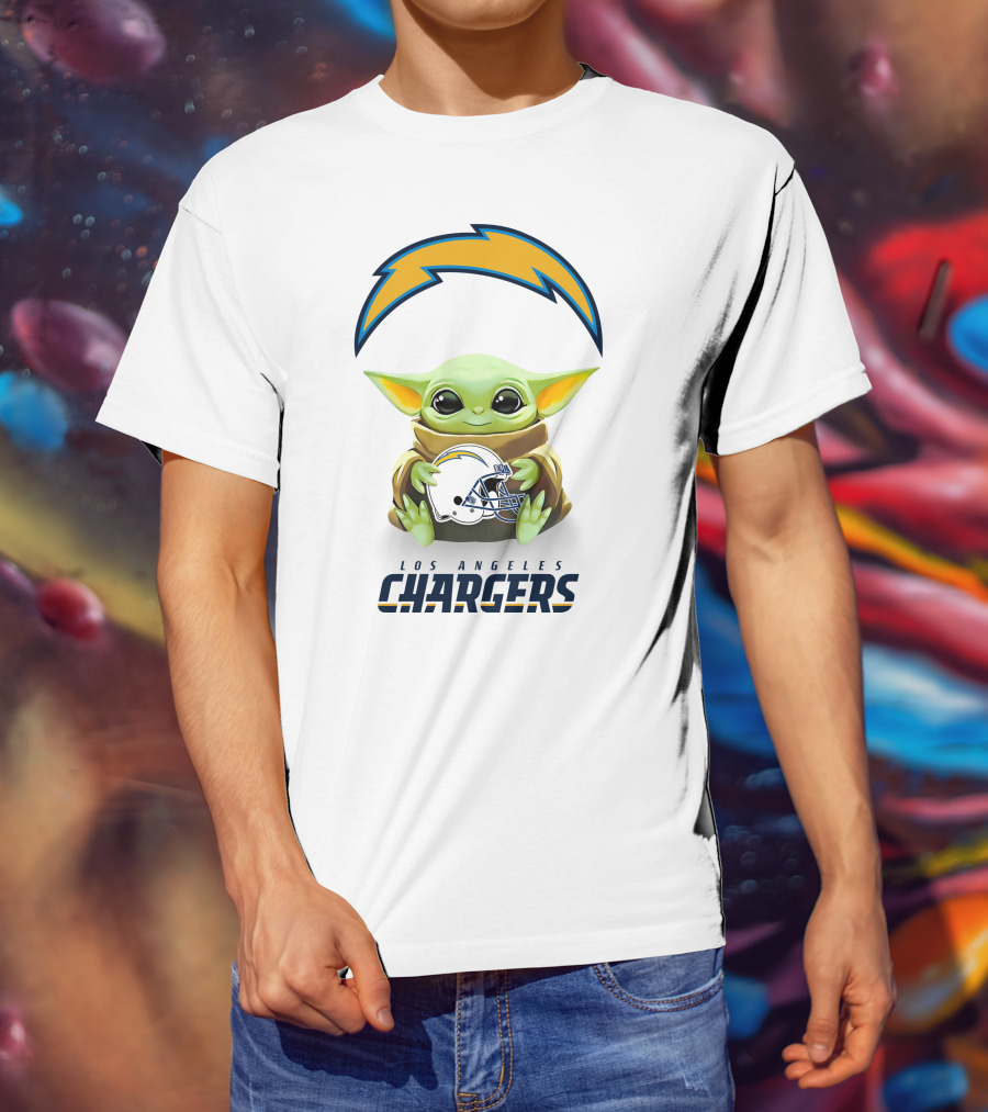 Los Angeles Chargers Star Wars Baby Yoda Hugging Helmet T-Shirt