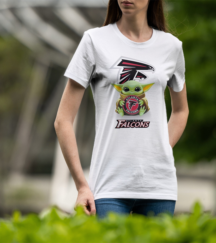 Baby Yoda Hugging Atlanta Falcons Football Emblem T-Shirt