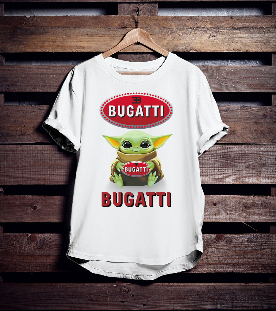 Baby Yoda Holding Bugatti Logo Emblem T-Shirt