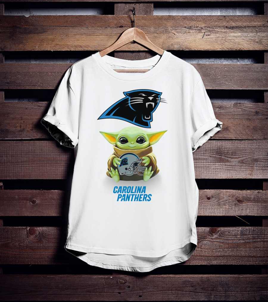 Baby Yoda Holding Carolina Panthers Helmet T-Shirt