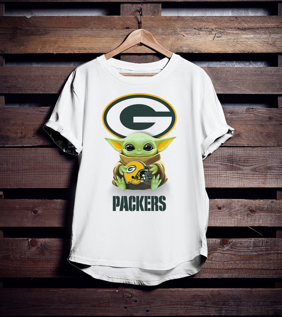 Baby Yoda Hugging Green Bay Packers Helmet With Logo And Packers Text T-Shirt