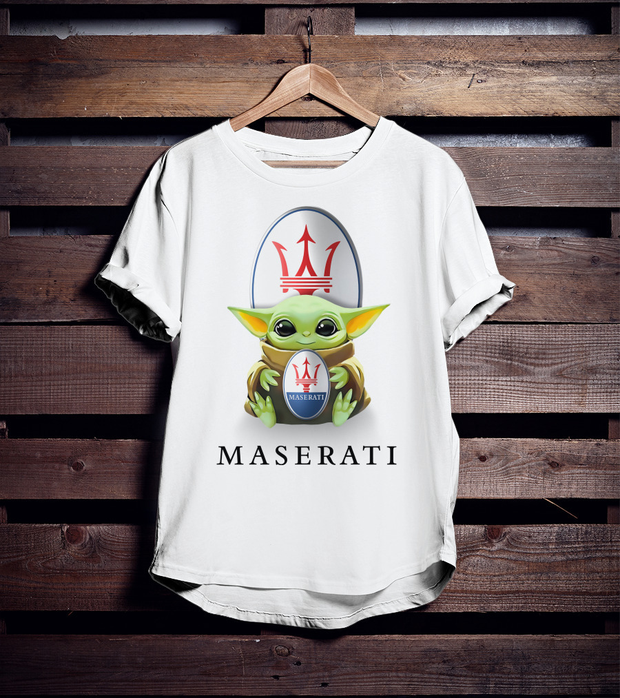 Maserati Emblem With Baby Yoda Hugging Iconic Logo White Background T-Shirt