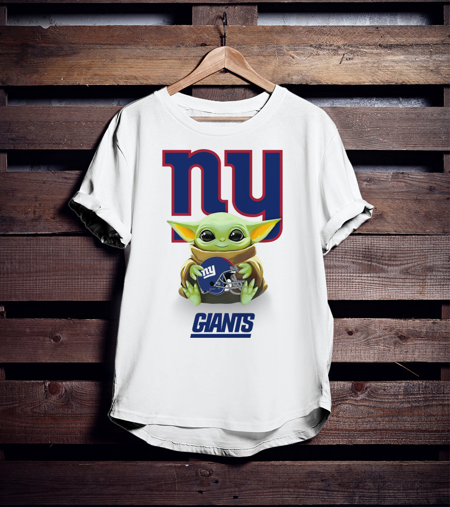 Baby Yoda Holding New York Giants Helmet Under Team T-Shirt