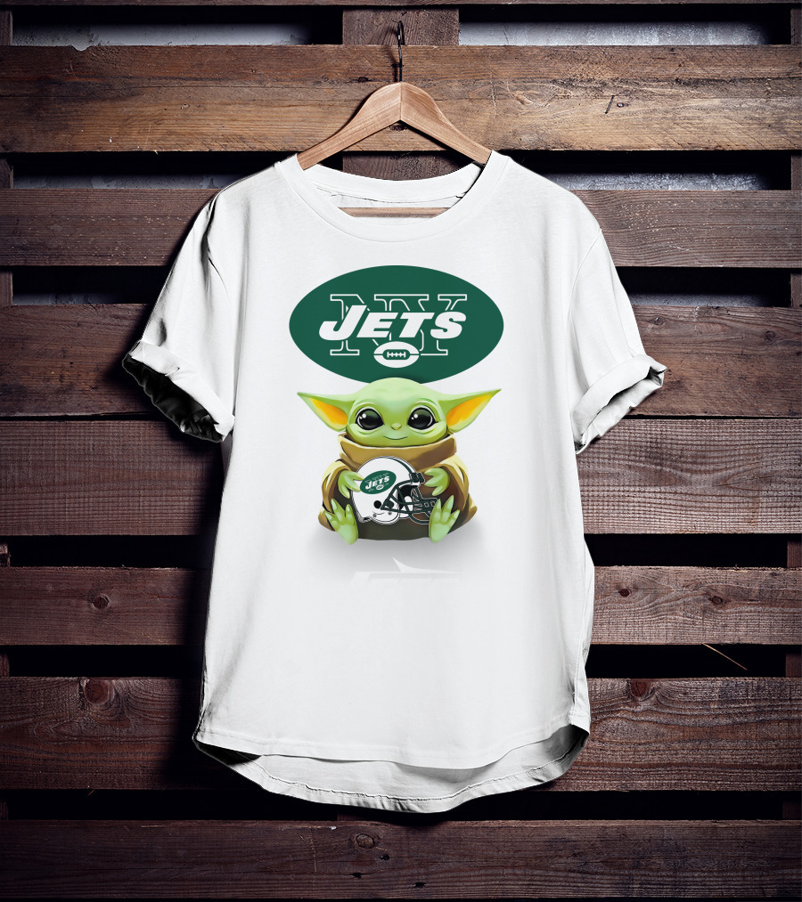 Baby Yoda Holding New York Jets Football Helmet T-Shirt