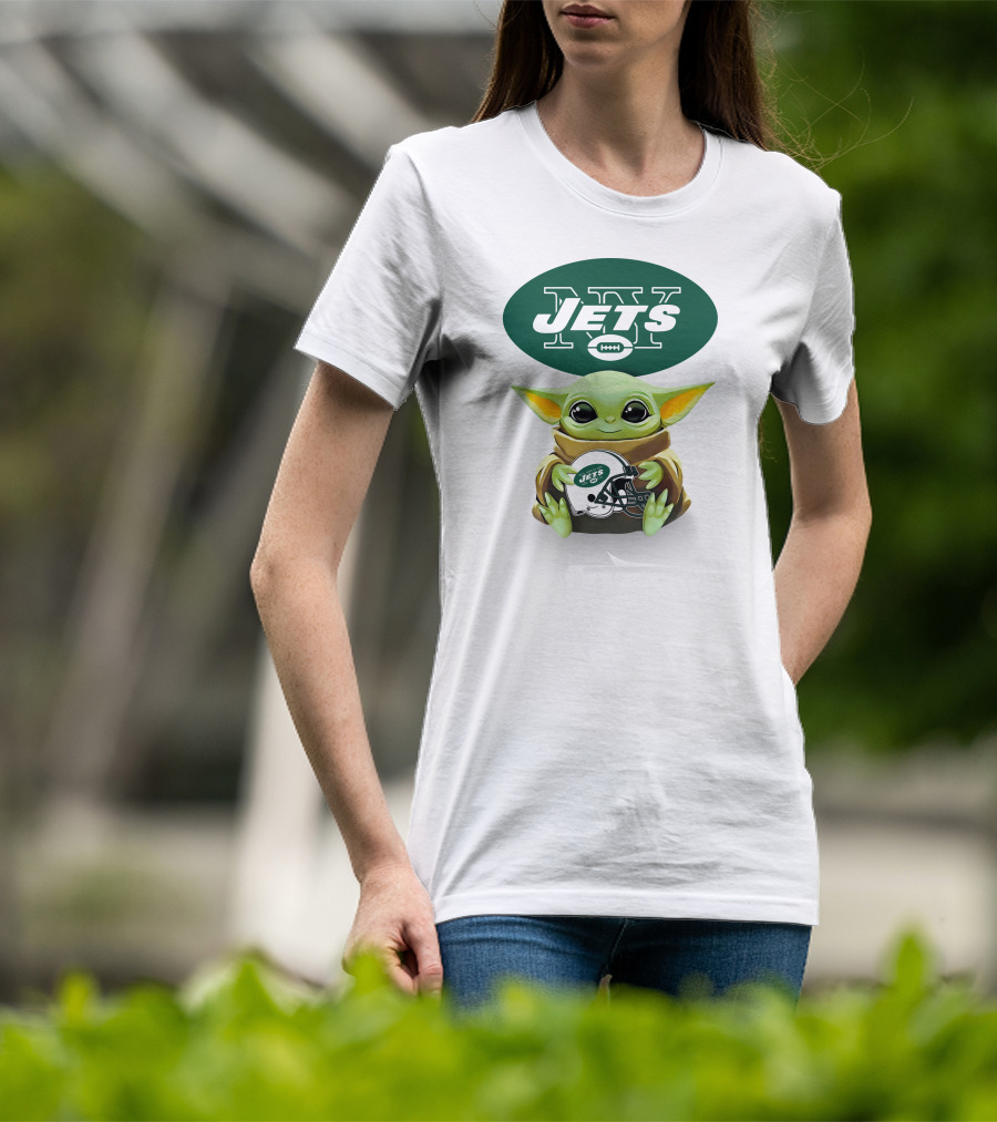 Baby Yoda Holding New York Jets Football Helmet T-Shirt