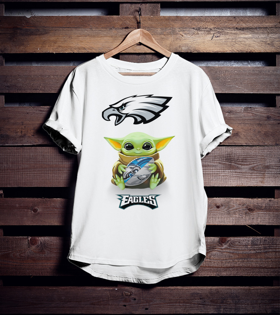 Baby Yoda Hugging Philadelphia Eagles Football With Eagle T-Shirt