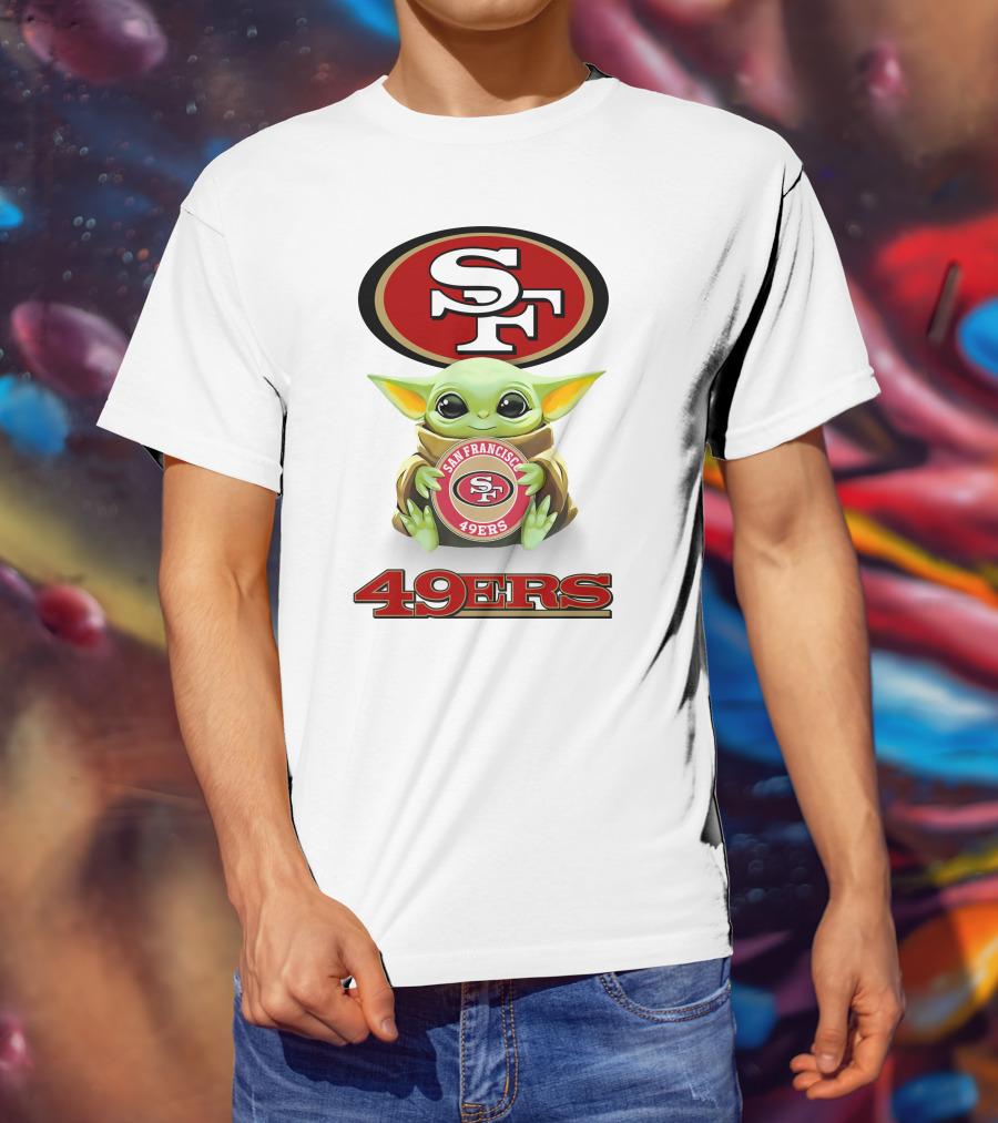 Baby Yoda Hug SF 49ers San Francisco 49ers Logo 49ers White T-Shirt