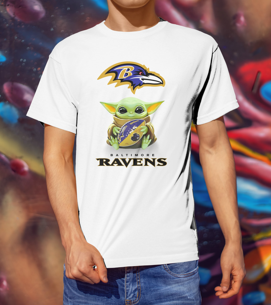 Star Wars Baby Yoda Baltimore Ravens Football Hug Ravens Logo White T-Shirt