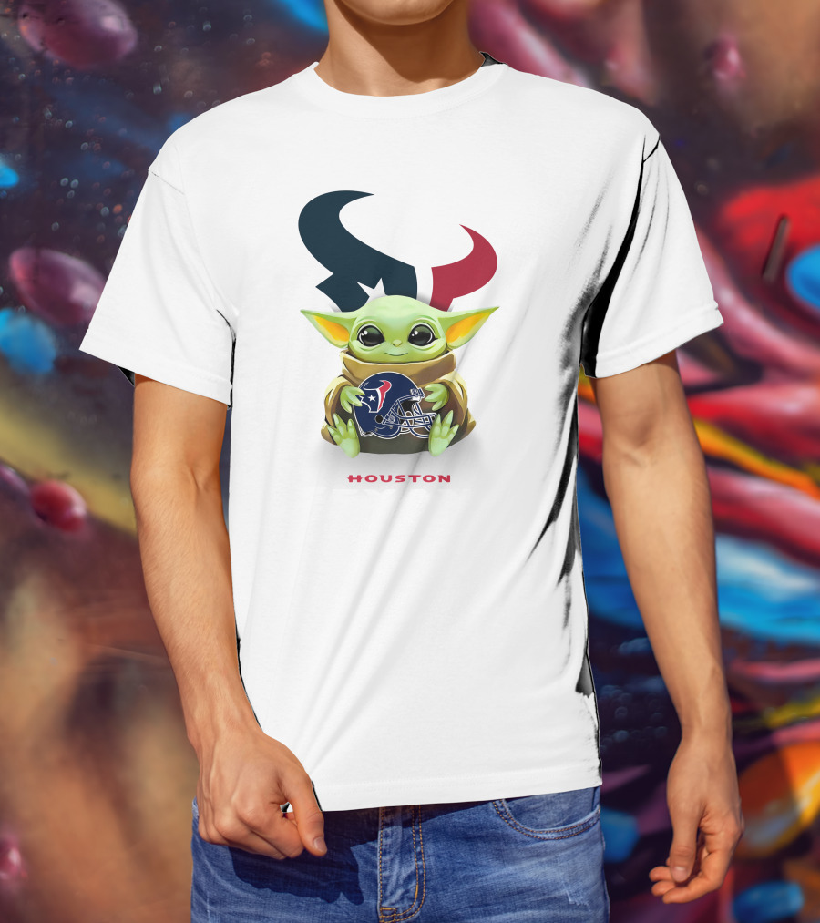 Star Wars Baby Yoda Holding Houston Texans Helmet With Logo On White T-Shirt