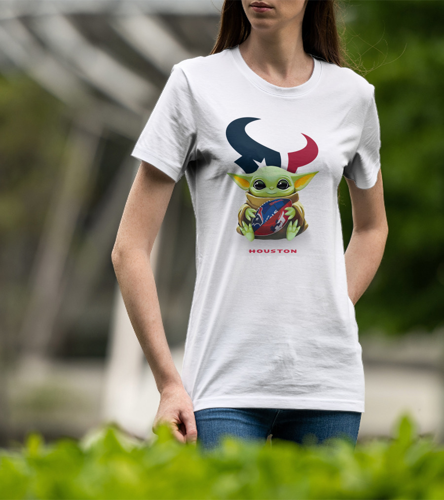 Star Wars Baby Yoda Hug Houston Texans Football Tailgate White Iconic T-Shirt