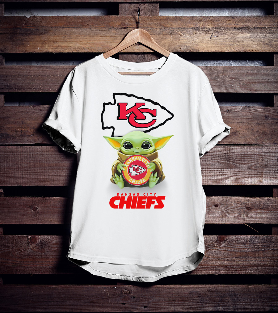 Star Wars Baby Yoda Kansas City Chiefs Hug KC Emblem White T-Shirt