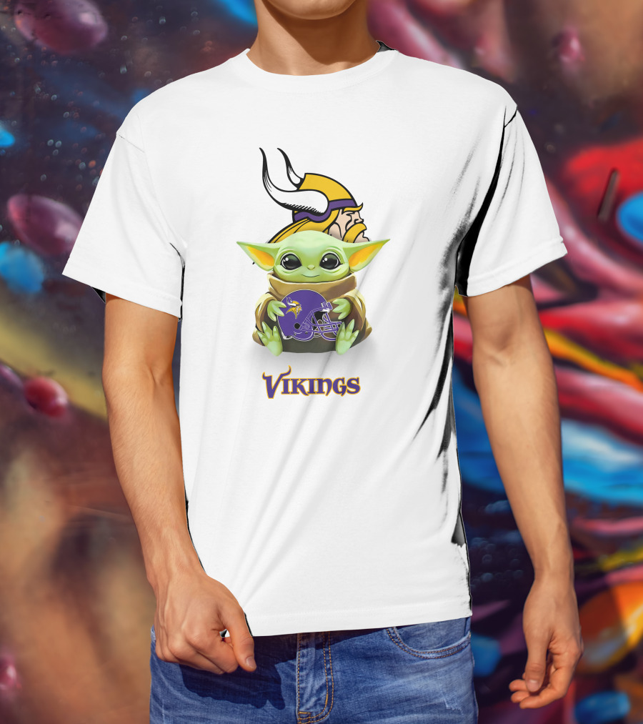 Star Wars Baby Yoda Holding Minnesota Vikings Helmet With Vikings T-Shirt
