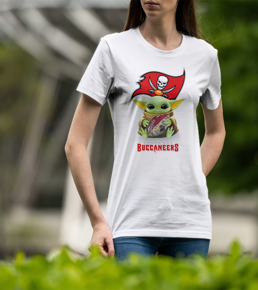 Star Wars Baby Yoda Holding Tampa Bay Buccaneers Football T-Shirt