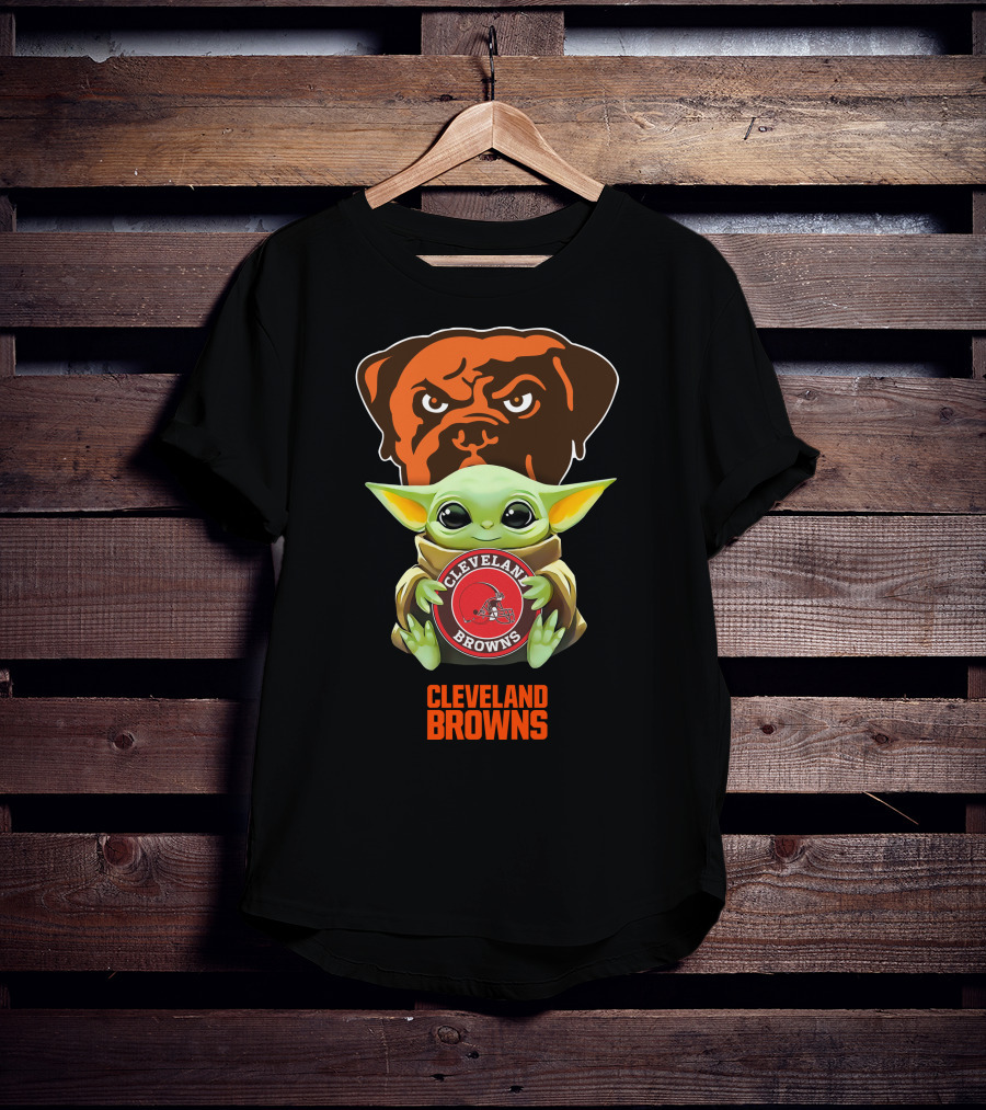 Grogu Holding Cleveland Browns Emblem With Team Mastiff Background T-Shirt