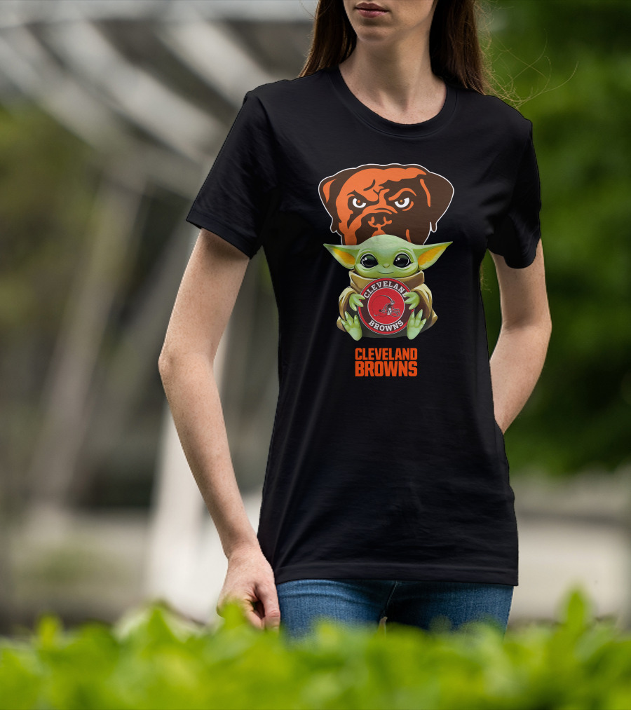 Grogu Holding Cleveland Browns Emblem With Team Mastiff Background T-Shirt