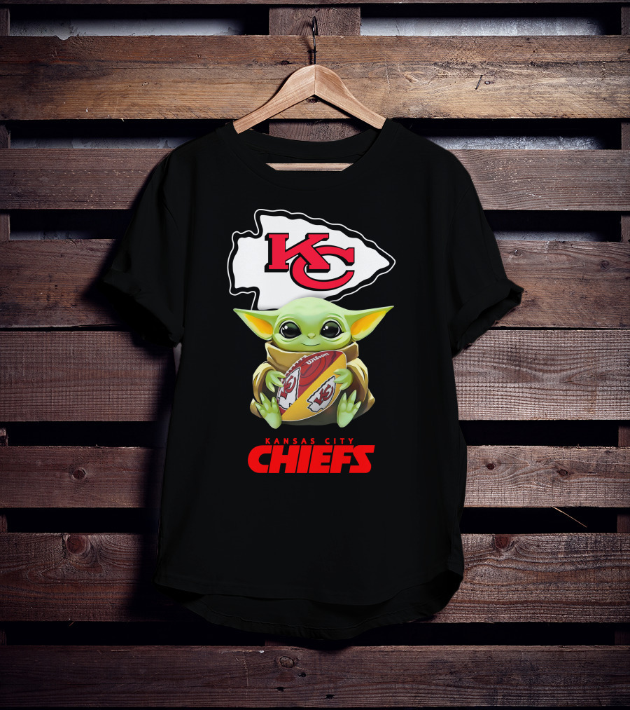 Grogu Holding Football Kansas City Chiefs KC T-Shirt