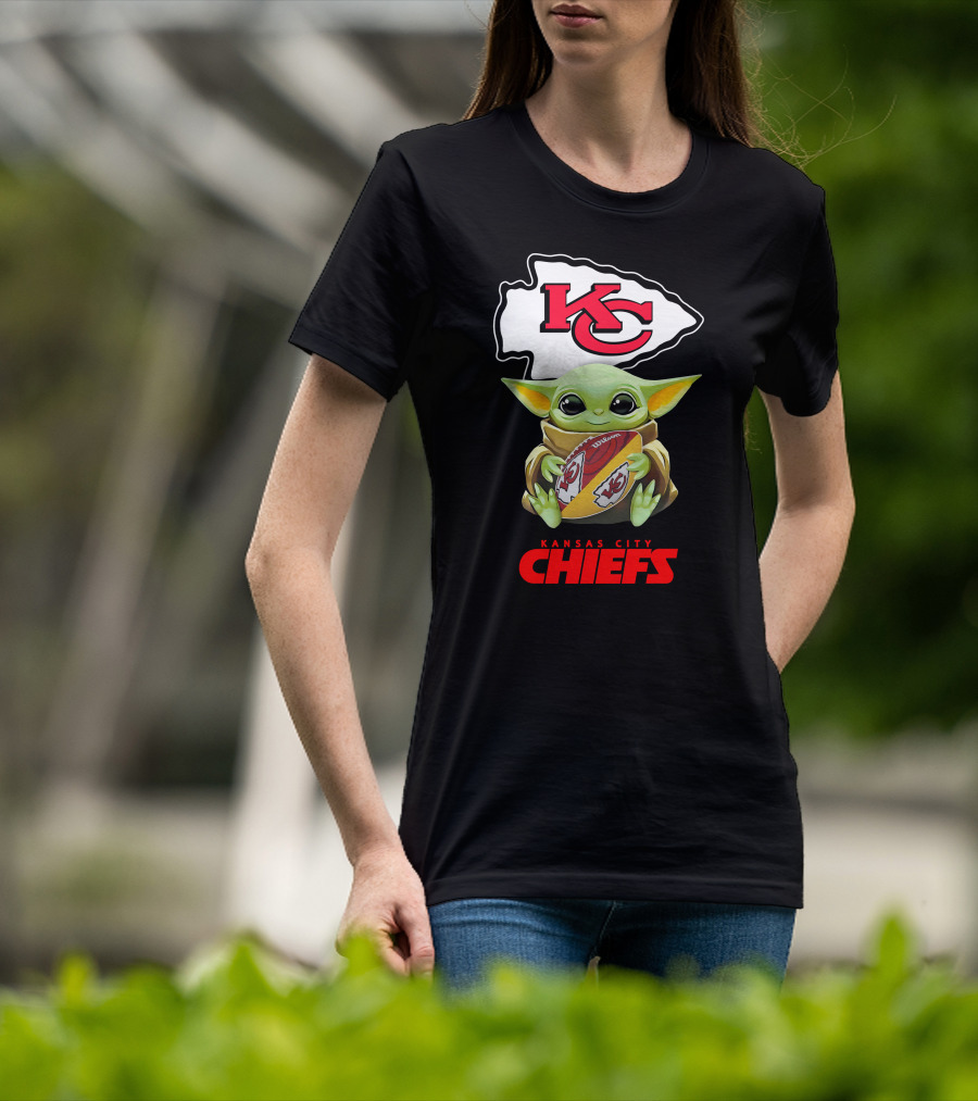 Grogu Holding Football Kansas City Chiefs KC T-Shirt