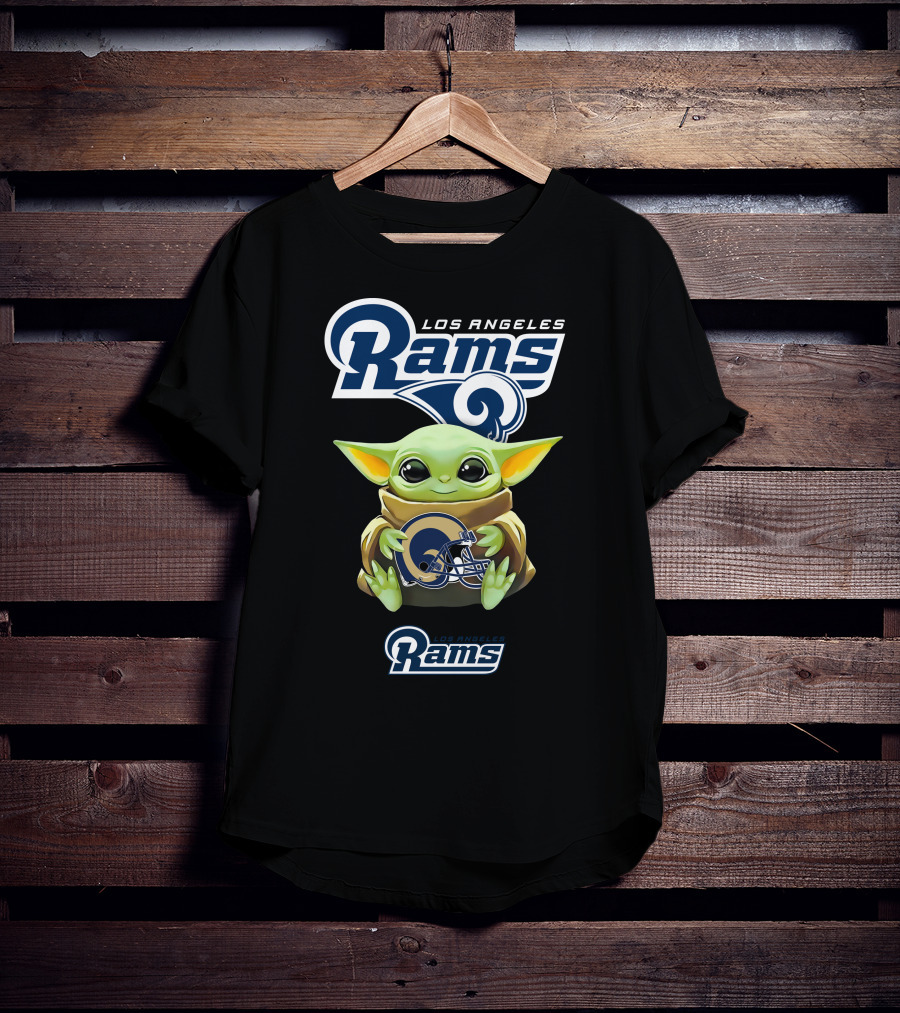 Los Angeles Rams Grogu Holding Rams Helmet NFL Football Fan T-Shirt