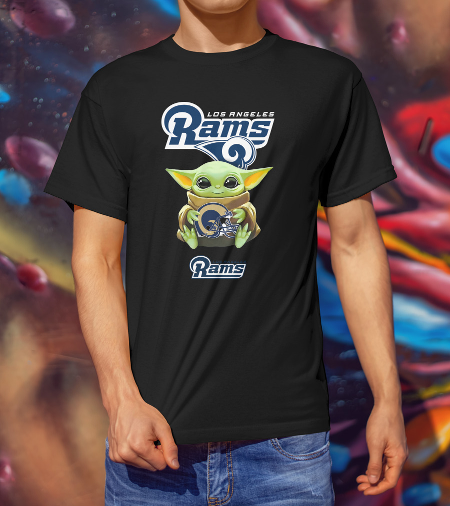 Los Angeles Rams Grogu Holding Rams Helmet NFL Football Fan T-Shirt