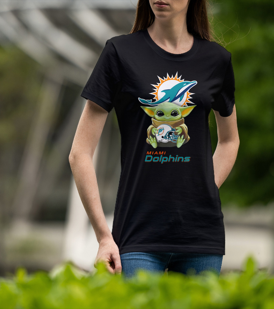 Miami Dolphins Grogu Holding Helmet Baby Yoda T-Shirt