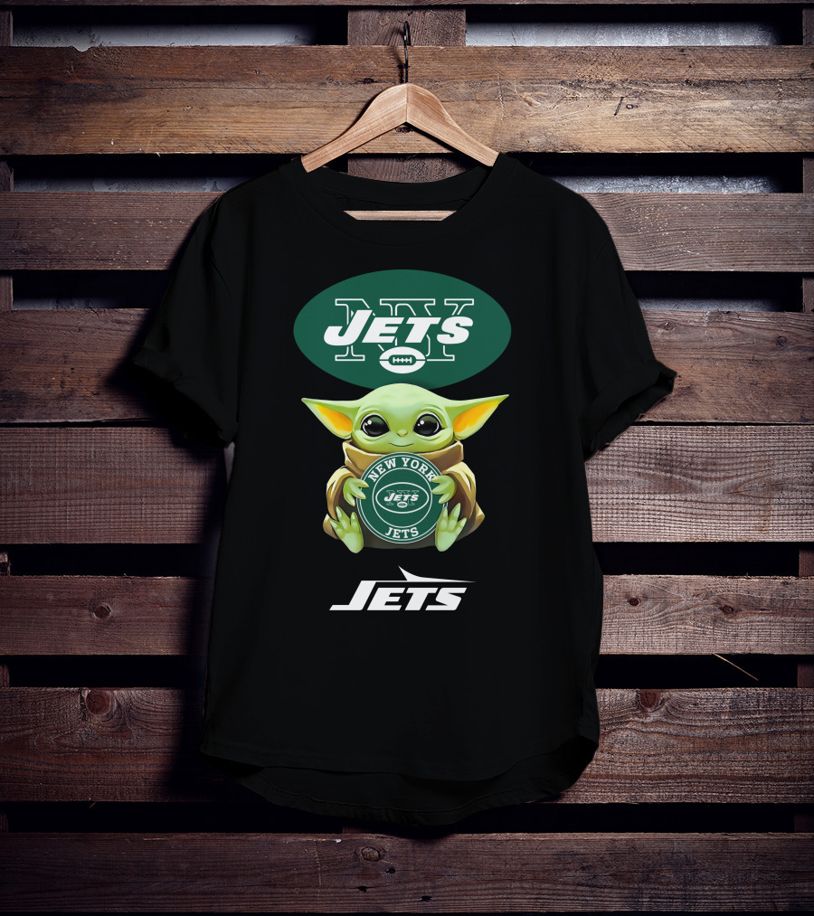 Grogu Holding New York Jets Emblem And Logo Combination T-Shirt