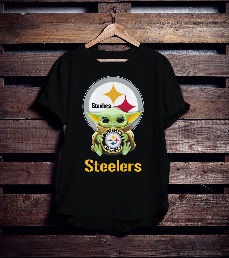 Grogu Holding Pittsburgh Steelers Emblem With Steelers Text T-Shirt