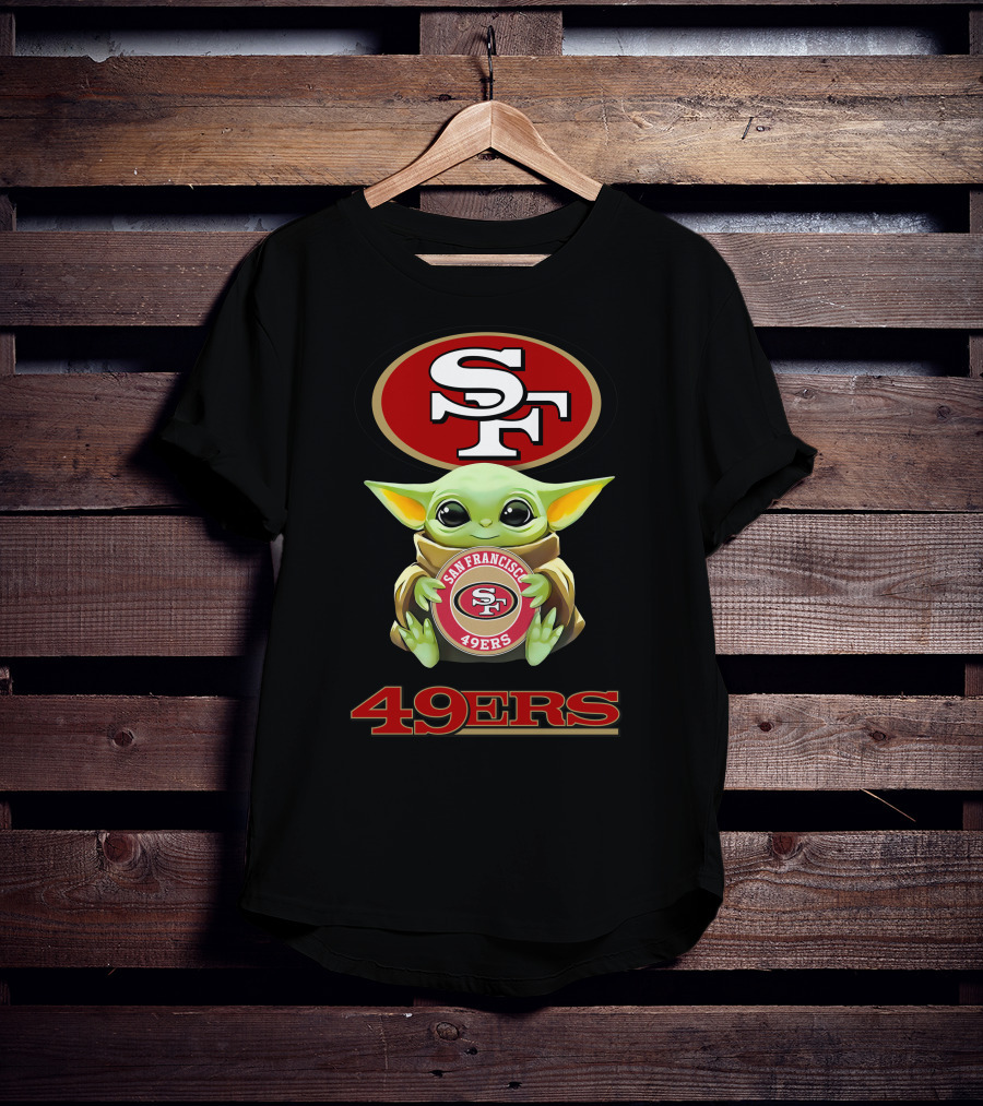 Grogu Holding San Francisco 49ers SF Logo With 49ers Text T-Shirt